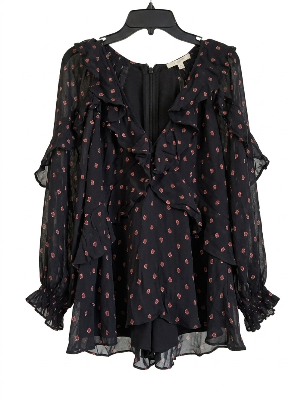 Thurley Designer Chiffon Ruffle Whimsygoth Black Red Print Long Puff Sleeve